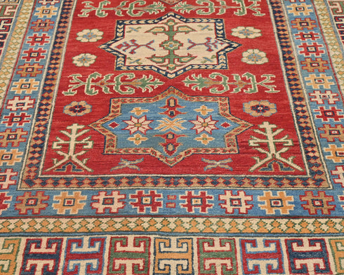 4x6 Red Kuba Afghan Hand Knotted Wool Area Rug